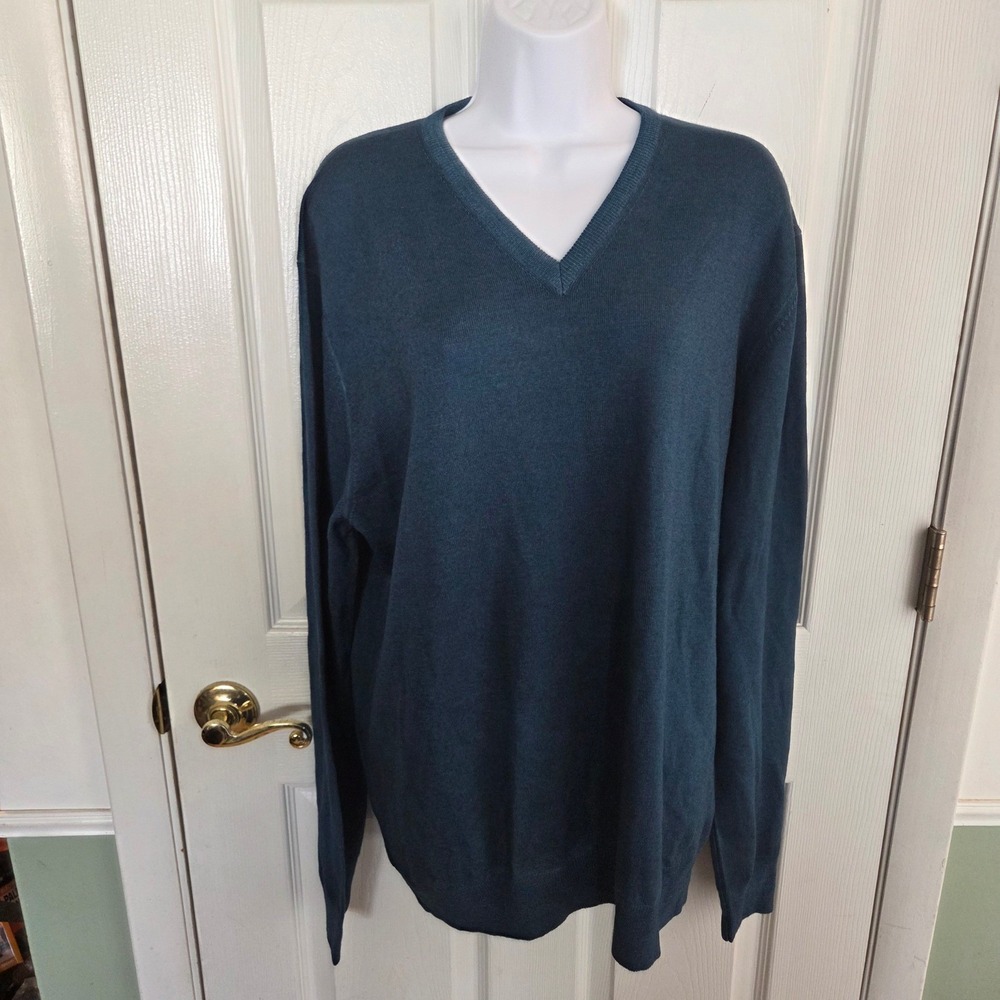 Gran Sasso Italy Mens 100% Virgin Wool V-Neck Sweater Teal Blue IT 56 US XL
